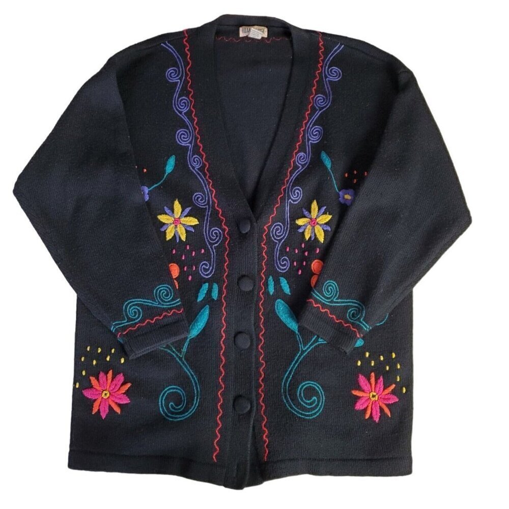Vintage Hillary Paige Cardigan Sweater Womens Large FlowersV-neck Art to wear‎